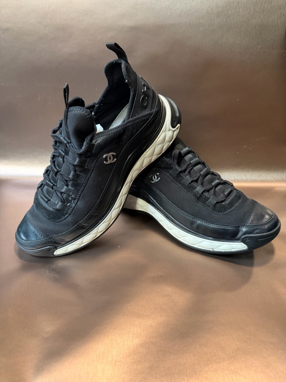 Men's CHANEL Black Quilted Leather & Fabric Sneakers size 44/11US